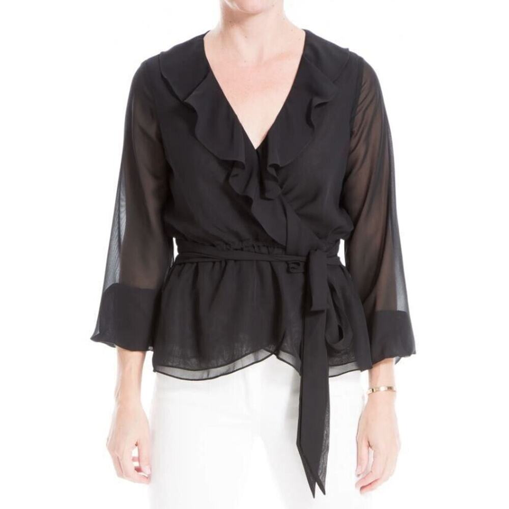 Max Studio Women's Ruffle Trim Tie Waist Blouse in Black Small MSRP‎ $98